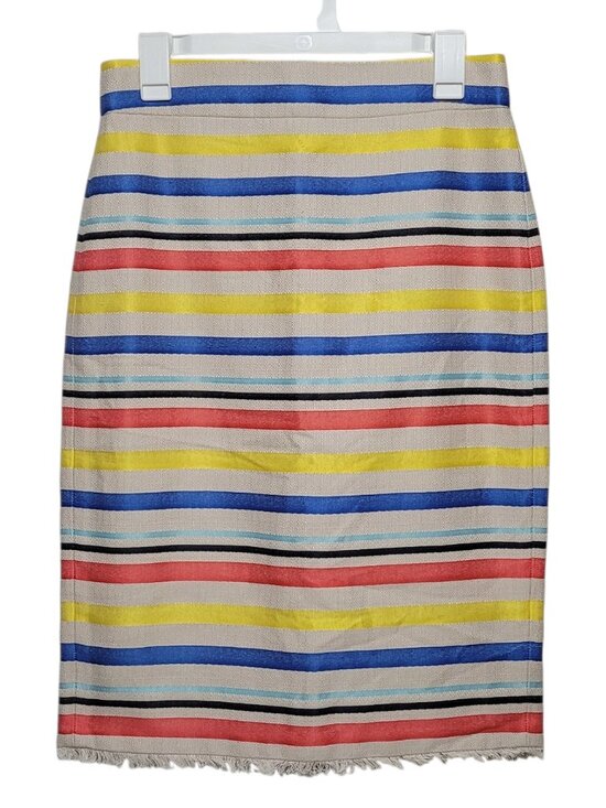 J. Crew Dresses & Skirts - J. Crew Striped Jacquard Knee Length Pencil Skirt Frayed Hem Size 6 Preppy